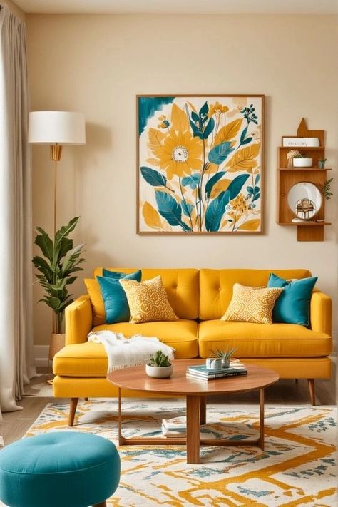 Ochre Living Room, Yellow Couch Living Room Ideas, Midcentury Modern Living Room, Router Sled, Whimsical Home Decor, Modern Living Room Ideas, Indian Room, Linear Motion, Sunken Living Room