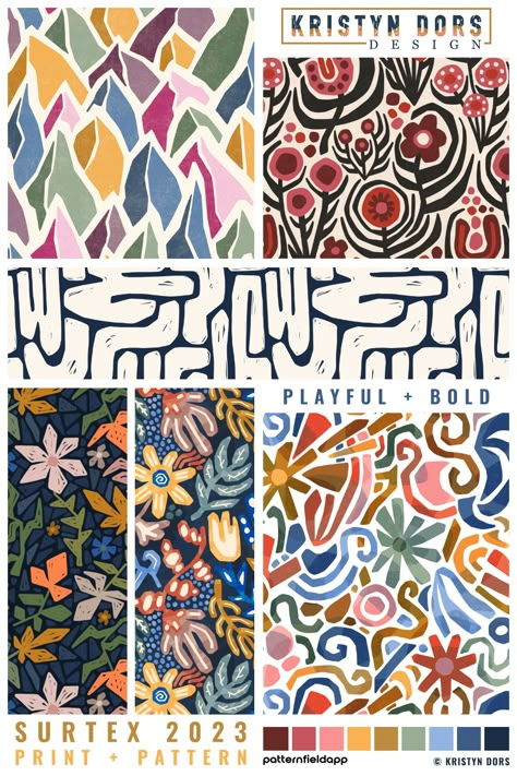 Playful and bold designs by surface pattern designer Kristyn Dors. Exhibiting at the Patternfield booth at Surtex 2023! #trends #surtex2023 #pantone2024 #colortrend #moodboards #trends2024 #printandpattern #patterntrends2024 #patternfield #surtex #arttradeshow #artlicensing #kristyndors Trends In 2023, Print And Pattern Trends 2023, Surface Pattern Trends 2023, Print Trends 2023 2024, Art Trend 2023, Fabric Pattern Trend 2023, Trend Pattern 2023, Ss23 Print Trends, Trending Prints