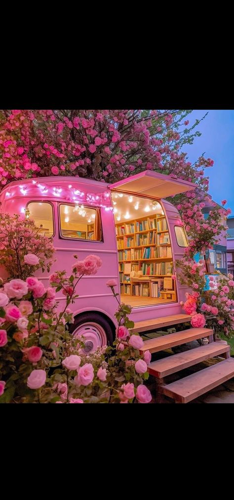 Pink Bus, She Shed, Bookshelves, Shed, Flowers, Pink