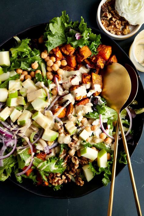 Sweet Potato Salad with Chickpeas - Food Dolls Creamy Chipotle Dressing, Sweet Potato Salad Recipe, Salad With Chickpeas, Food Dolls, Canning Sweet Potatoes, Fall Meal, Cooking Whole Chicken, Sweet Potato Salad, Sweet Potato Skins