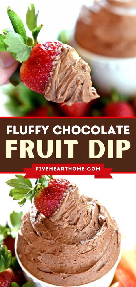 The perfect dessert dip for parties! Amazingly decadent and fluffy, this chocolate fruit dip is always one of the first to disappear. Whip up a bowl of this easy chocolate recipe and try it today! 5 ingredients are all you need! Fruit Dip Made With Instant Pudding, Chocolate Chip Fruit Dip, Chocolate Fruit Salad, Chocolate Mousse Dip, Fruit And Dip Platter, Desert Dip Recipes For Parties, Chocolate Dip For Strawberries, Chocolate Dip For Apples, Chocolate Dipped Fruit Platter