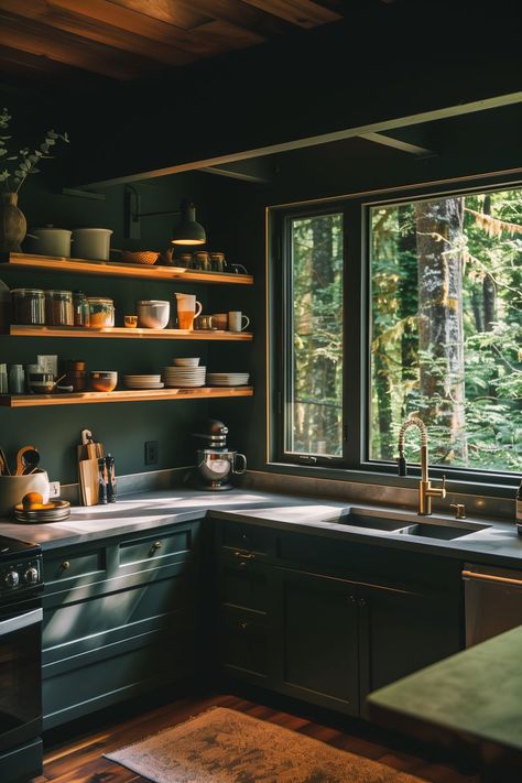 Indulge in the captivating allure of a forest green-themed kitchen, exuding moody vibes. Embrace the rich tones and rustic accents for a cozy culinary haven. 🌿✨ #ForestGreen #MoodyKitchen #HomeInspiration Forest Themed Kitchen, Forest Green Kitchen, Kitchen Inspiration Board, Fun Interior Design, Forest Kitchen, Colourful Interiors, Moody Kitchen, Moody Forest, Moody Vibes