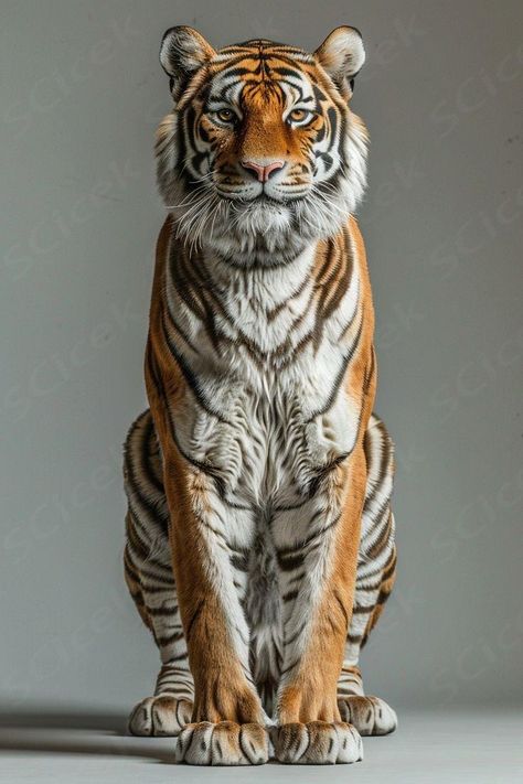 Tiger sitting, and possibly grinning, against a plain grey background. Tiger photo reference. Sitting Tiger Drawing, Tiger Front View, Tiger Reference Photo, Tiger Side View, Tiger Poses, Dream Tiger, Tiger Reference, Tiger Sitting, Draw A Tiger