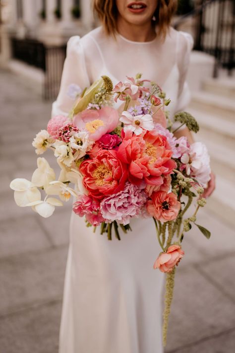 Classic Wedding Dress And Bouquet, Large Bride Bouquet, Statement Bridal Bouquet, Trailing Bouquet Wedding, Ethereal Wedding Bouquet, May Bouquet Wedding, Modern Colourful Wedding, Colourful Wedding Flowers Bouquets, Contemporary Bridal Bouquet