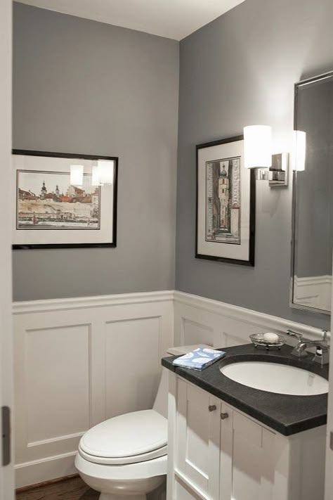 Small Modern Powder Room Pikes peak grey Benjamin moore Traditional Powder Room, Downstairs Bathroom, Half Bathroom, Pikes Peak, Bathroom Redo, Bathroom Renos, Ideas Pictures, Traditional Interior, Bath Remodel