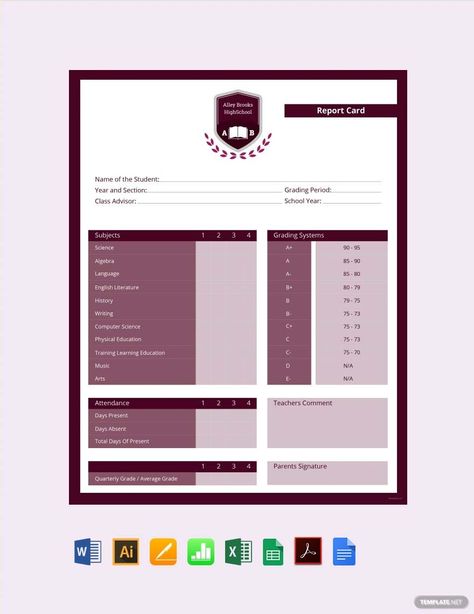 High School Report Card Template, School Report Card Template, Kindergarten Report Cards, School Results, School Websites, School Report Card, Report Card Template, Illustrator Template, Annual Report Design