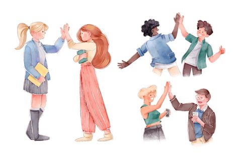 Set of people giving high five Free Vect... | Free Vector #Freepik #freevector #freewatercolor #freepeople #freehappy #freefriends High Five Drawing Reference, High Five Pose Reference, High Five Pose Reference Drawing, Hands High Five Drawing, High Five Illustration, Friends High, Batfamily Funny, Art Major, Happy Friends