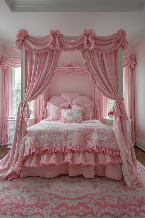 29 Girls Bed With Canopy Ideas for a Princess Vibe - My Elegant Home Girly Pink Bedroom, Pink Bedroom Walls, Dream Bedroom Inspiration, Pink Bedroom For Girls, Pink Bedroom Decor, Pink Bedrooms, Princess Room, Vintage Bedroom, Dreamy Room