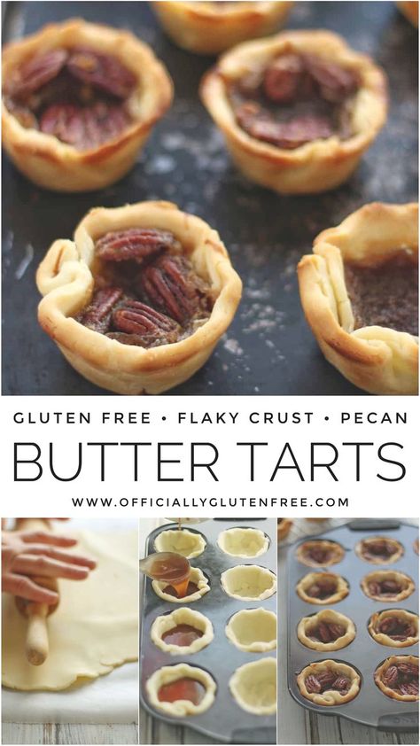 These Gluten Free Butter Tarts are a Canadian favourite! The delicious tarts are made with a flaky gluten free butter pie crust that’s filled with a rich buttery caramel filling and topped with salty pecan pieces. Gf Tart Crust, Gluten Free Tartlets, Gluten Free Butter Tarts, Gluten Free Tart Crust, Pie Crust With Butter, Butter Pie Crust, Gluten Free Pecan, Easy Tart Recipes, Gluten Free Shortbread