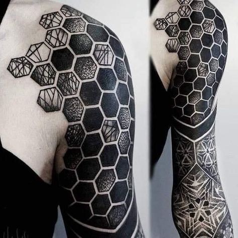 Arm Cover Up Tattoos, Geometric Tattoo Sleeve Designs, Hexagon Tattoo, Cyberpunk Tattoo, Optical Illusion Tattoos, Illusion Tattoos, Hyper Realistic Tattoo, Geometric Sleeve Tattoo, Optical Illusion Tattoo