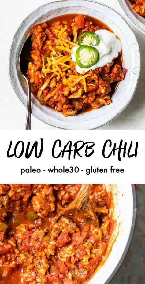 EASY Low Carb Chili made with ground turkey and ready in 15 minutes! This no bean chili is full of flavor, too #chili #lowcarb Easy Low Carb Chili, Chili No Bean, Low Carb Chili Recipe, Ground Turkey Recipes Easy, Chili Recipe Healthy, Ground Turkey Recipes Healthy, Healthy Chili, Healthy Ground Turkey, Low Carb Chili