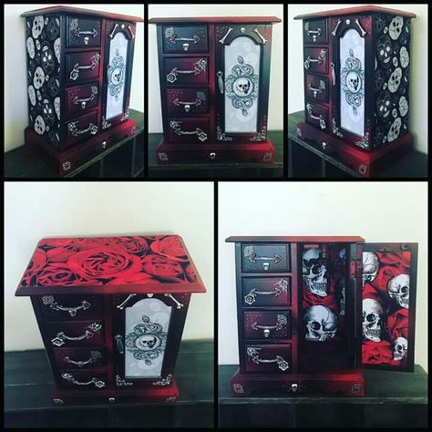 Creepy Furniture, Gothic Furniture Diy, Gothic Jewelry Box, Jewerly Box Diy, Skull Furniture, Gothic Crafts, Gothic Homeware, Painted Jewelry Armoire, Box Makeover