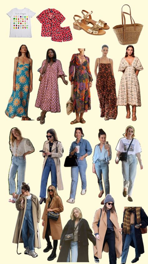 Colorful printed dresses - jeans and coordinated tops - Long coats (3) - gold sandals - straw bags - elevated tees - girly PJs Girly Pjs, Fall Thrift, Dream Outfits, Long Coats, Printed Dresses, Straw Bags, Causual Outfits, Love Clothing, Gold Sandals