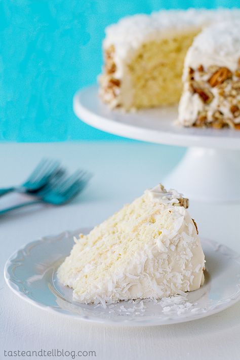 Italian Cream Cake from @Deborah Harroun {Taste and Tell} #AggiesBaby Cocunut Cake, White Chocolate Coconut Cake, Chocolate Coconut Cake, White Chocolate Coconut, Coconut Cake Recipe, White Cake Recipe, White Cake Mixes, A Piece Of Cake, White Lily