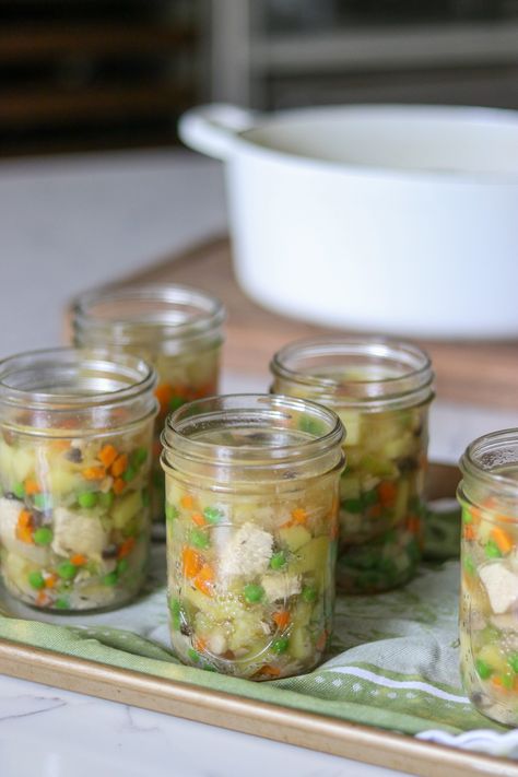 Canning Chicken Pot Pie Filling Canned Chicken Pot Pie Filling, Canned Chicken Pot Pie, Canning Turkey Recipes, Chicken Pot Pie Canning Recipe, Canning Teriyaki Chicken, Canning Chicken Recipes, Chicken Soup For Canning, Canned Meals In A Jar Pressure, Canning Chicken Pot Pie Filling