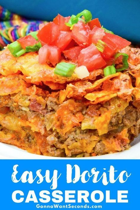 Dive into a delicious, Dorito-studded casserole layered with a zesty beef filling– This Dorito Casserole has all the flavor of our favorite orange chips. #easydoritocasserolerecipe #casserole Nacho Dorito Casserole, Dorito Nacho Bake, Recipes With Dorito Chips, Nacho Cheese Doritos Casserole, Taco Bake With Doritos, Dorito Bake, Easy Dorito Casserole, Dorito Taco Bake, Beef Spaghetti