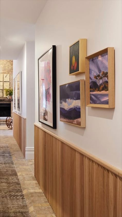 Beautiful fluted timber panelling adds warmth and tactility to this hallway from Scott Cam on The Block.
#theblockshop #interiordesign #hallwayideas #portacontours Hallway With Wood Panelling, Half Paneled Walls Hallway, Half Fluted Wall, Wood Panelling Hallway, Wood Panelling Ideas, Low Wall Panelling, Wood Panel Nursery, Fluted Half Wall, Hallway Wall Paneling Ideas