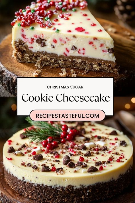 Make your holiday celebrations sweeter with this festive Christmas Sugar Cookie Cheesecake! Featuring a buttery sugar cookie crust and a creamy cheesecake filling adorned with colorful jimmies sprinkles, this stunning dessert is sure to impress your guests! Christmas Baking Cheesecake, Christmas Desserts Not Cookies, Christmas Cake Cheesecake, Easy Holiday Cheesecake, Holiday Christmas Desserts, Gluten Free Christmas Cheesecake, Holiday Desserts Christmas Pies, Winter Cheesecake Flavors, Christmas Cheesecake Recipes No Bake