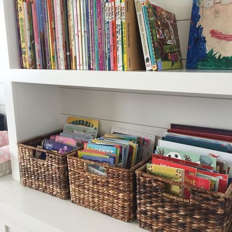 Kids Book Storage Closet, Book Storage Containers, Small Shared Kids Room Storage, Montessori Art Supply Storage, Playroom Book Organization, Best Toy Organization, Playroom Bookshelf Ideas, Book Storage In Closet, Kid Book Organization