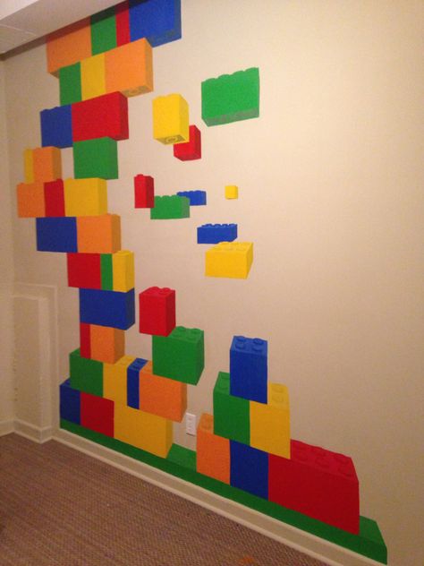 Painted a lego mural in my daughters play room Lego Theme Room, Lego Brick Wall, Lego Wall Decor, Lego Bulletin Board, Lego Mural, Daycare Wall Art, Lego Desk, Wall Decor Classroom, Lego Room Decor