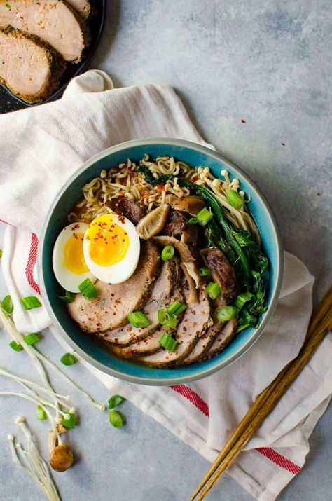 Easy Pork Ramen, Pork Ramen Recipe, Ramen Noodle Recipes Soup, Leftover Pork Tenderloin, Ramen Soup Recipes, Asian Greens, Juicy Pork Tenderloin, Pork Ramen, Ramen Recipe