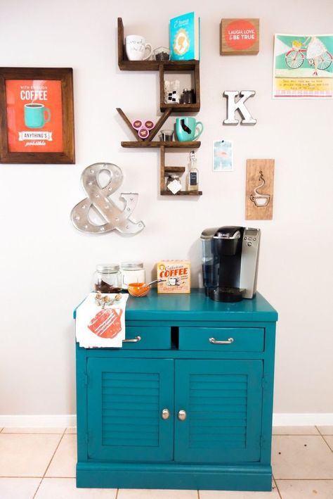 Teal Coffee Bar, Decorate Coffee Bar, Cofee Bar, Diy Coffee Bar, Teal Kitchen, Wood Details, Coffee Nook, Yellow Colour Scheme, Lifestyle Blogs