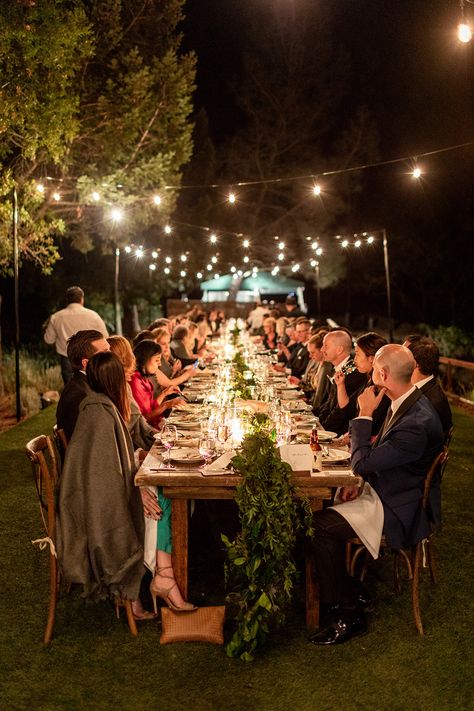 Long Table For Wedding, Dinner Long Table Wedding Reception, One Big Wedding Table, Wedding Reception One Big Table, Reception Lights, Evening Reception, Outside Wedding Lights, One Long Table Wedding, Backyard Wedding Long Table