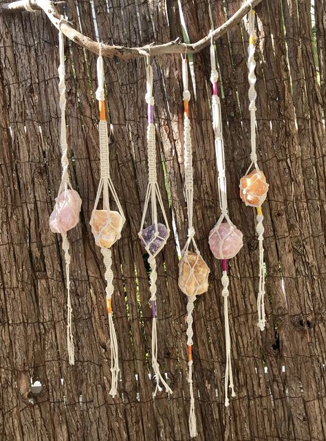 Handmade macrame crystal hangers 💕 $ 59.90 aud Diy Hanging Crystals Ideas, Macrame Rock Hanger, Crystal Hanger, Macrame With Crystals Diy, Macrame And Crystals, Macrame Crystal Hanger, Macrame Crystal Wall Hanging, Chakra Crystal Hanger, Witchy Crafts