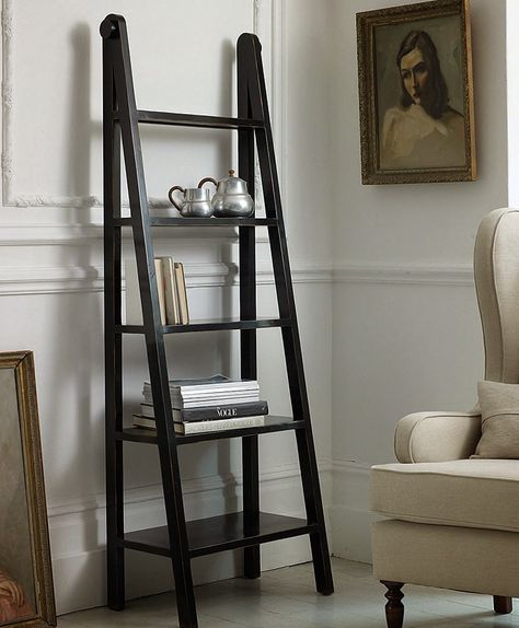 Good simple bookshelf look Stair Shelf, Black Ladder Shelf, Wood Ladder Shelf, Carpentry Ideas, Spare Bedrooms, Stair Shelves, Style Bookcase, Bookcase Shelf, Lacquered Sideboard