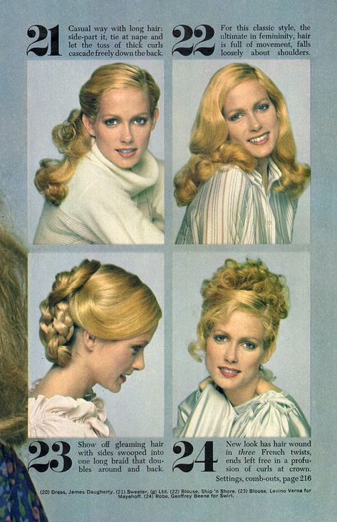 60s Hair Magazine, 1979s Hairstyles, 1970s Hairstyles Updo, 70s Hair Magazine, 1976 Hairstyles, 1960s Curly Hairstyles, 1970 Hairstyles For Long Hair, 1977 Hairstyles, 1978 Hairstyles