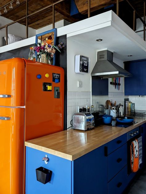 Orange Smeg 50 fridge freezer and DIY painted kitchen cabinets Smeg Fridge Aesthetic, Orange Kitchen Cabinets, Orange Fridge Kitchen, Orange Fridge, Blue Smeg Fridge Kitchen, Blue Orange Kitchen, Orange Smeg Fridge, Orange Smeg Mini Fridge, Kitchen Cabinets Orange