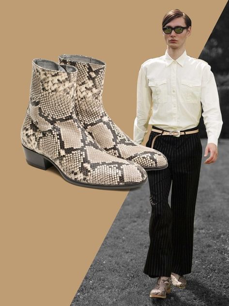 Snakeskin Boots Are the Most Dangerous Trend in Menswear Right Now | GQ Mens Snakeskin Boots, Snakeprint Boots Outfit, Chelsea Boots Men Outfit, Snake Skin Boots, Snake Shoes, Boots Men Outfit, Guys Fashion Casual, Chelsea Boots Style, Boots Outfit Men