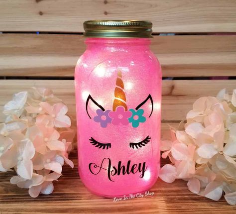 Adorable Unicorn Gift Ideas Unicorn Mason Jar, Glitter Interior, Fairy Lights In A Jar, Unicorn Light, Christmas House Lights, Light Girls, Diy Lampe, Girl Night, Face Girl