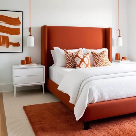 19 Stunning Burnt Orange Bedroom Ideas - Style Zuri Orange Bed Frame Decor, Burnt Orange Bedding Boho, Burnt Orange Headboard, Bedroom With Orange Accents, Burnt Orange Bedroom Ideas, Orange Headboard, Orange Bedroom Walls, Orange Bedroom Ideas, Burnt Orange Bedroom