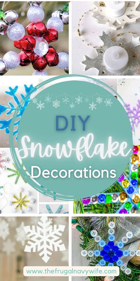 Ready to up your Winter Decor with Snowflakes? If so, here are some of my favorite DIY snowflake decorations that are simple and fun! #snowflakediy #snowflakecrafts #frugalnavywife #winterdecor | Winter Decor DIY | Snowflake Crafts | Snowflake DIY | Simple Snowflake Crafts Sequin Snowflake Craft, Christmas Snowflake Decor, Snowflake Mobile Diy, Winter Wonderland Diy Decorations Budget, Easy Diy Snowflakes Decorations, Snowflakes Cut Out, Ribbon Snowflakes Diy, Diy Snowflake Tree Topper, Diy Snowflakes Decorations Outdoor