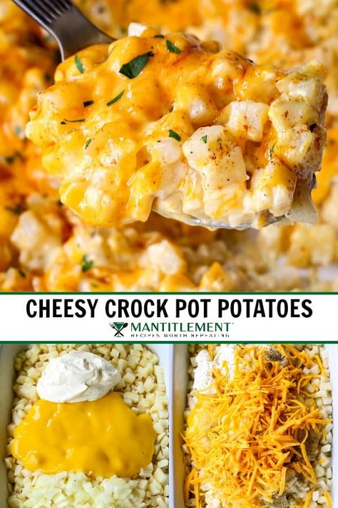 Cheesy Crock Pot Potatoes | An Easy Potato Side Dish | Mantitlement Cheesy Potato Side Dishes, Thanksgiving Side Dishes Crockpot, Crockpot Potatoes, Cheesy Potatoes Crock Pot, Potato Side Dishes Easy, Crockpot Side Dishes, Potato Side Dish, Thanksgiving Side Dishes Easy, Crock Pot Potatoes