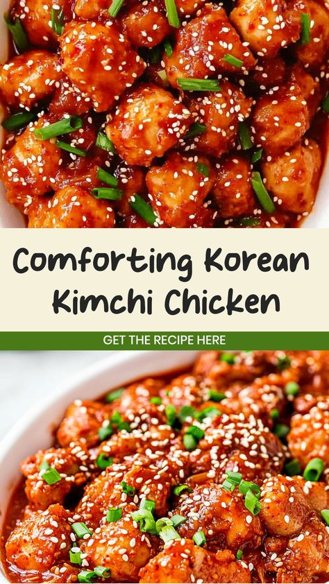 Looking for a flavorful dish to spice up your weeknight dinner? Try this delicious Korean Kimchi Chicken recipe that is sure to impress! Marinated in a blend of spicy, tangy kimchi, soy sauce, and fragrant garlic, this dish is bursting with bold flavors. The tender chicken paired with the crunchy texture of kimchi creates the perfect harmony in every bite. Serve it over steamed rice or noodles for a satisfying meal that will surely become a family favorite. Kimchi And Chicken Recipe, What To Serve With Kimchi, Kimchi Meal Prep, Korean Chicken Thigh Recipe, Recipes Using Kimchi, Kimchi Chicken Recipe, Kimchi Meals, Korean Meal Prep, Recipes With Kimchi