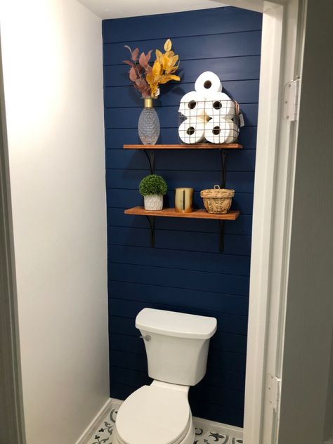 Navy Wall Bathroom Ideas, Small Toilet Feature Wall, Navy And White Half Bath, Blue Shiplap Laundry Room, Half Bathroom Accent Wall Paint, Blue Water Closet, Bathroom Accent Wall Color Ideas, Navy Blue Toilet Room, Behind Toilet Accent Wall Paint