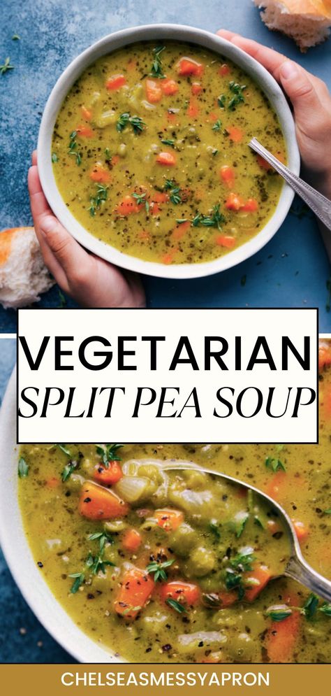 This Vegetarian Split Pea Soup Recipe is robustly seasoned and richly flavored — trust me, you won’t be missing the ham! With loads of veggies and tender creamy split green peas, this soup is the perfect canvas for dipping a hunk of crusty bread. Green Pea Soup Recipe, Veggie Split Pea Soup, Green Split Peas Recipes, Split Pea Soup Without Ham, Split Pea Soup Recipes, Split Pea Soup Vegetarian, Pea Soup Crockpot, Healthy Split Pea Soup, Vegan Split Pea Soup Instant Pot