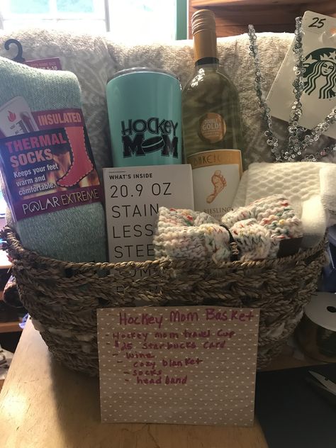 Hockey Mom Raffle Basket, Hockey Basket Raffle Ideas, Hockey Raffle Basket, Hockey Mom Gift Basket, Hockey Raffle Basket Ideas, Hockey Gift Basket, Hockey Fundraising Ideas, Fund Raiser Ideas, Raffle Basket Ideas Fundraising