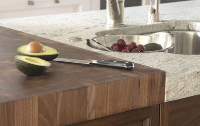 5 Tips for Mixing Kitchen Countertop Materials Mismatched Countertops, Quartz And Butcher Block Countertops, Butcher Block And Quartz Countertops, Mixed Countertops Kitchen, Ikea Butcher Block, Minwax Dark Walnut, Granite Kitchen Counters, Butcher Block Island, Formica Countertops