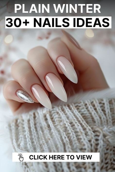 These nails feature a classic white base with a silver glitter accent, ideal for a festive winter look. The square shape adds a modern feel, making this design great for holiday gatherings or everyday sparkle. Nude With Snowflake Nails, Classy Solid Color Nails, Simple Nails For Pale Skin, Basic January Nails, Frosty French Tip Nails, Winter Nails French Tip Elegant, January Nails Stiletto, Winter Nail Extensions, Opaque Nails Acrylic