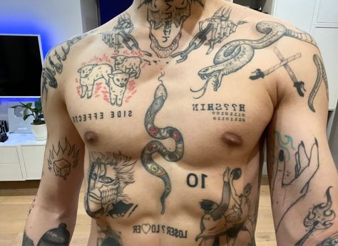 Patchwork Chest Tattoo, Patchwork Tattoos Ideas, Tattoos Ideas For Men, Vlad Hoshin, Memento Mori Tattoo, Patchwork Tattoos, Tattoo Chest, Torso Tattoos, Chest Tattoo Men