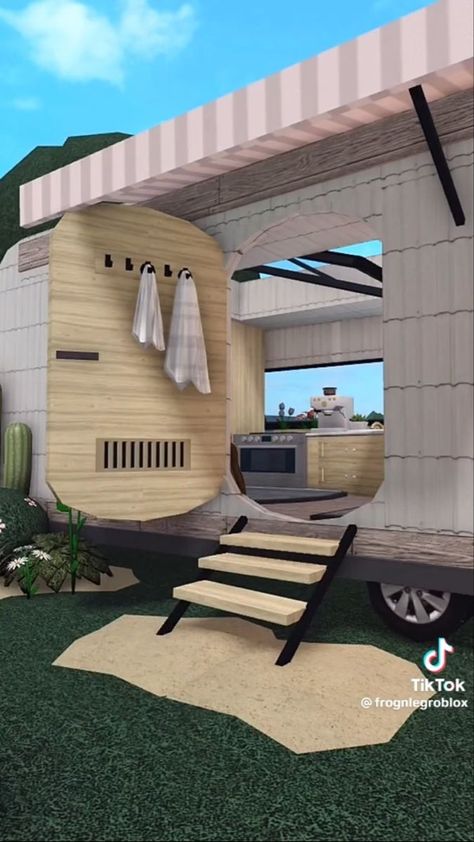 Bloxburg Camper Van, Bloxburg Balcony Ideas, Bloxburg Building Ideas, Bloxburg Business, Cottage Core Bloxburg House, Bloxburg Beach House, Blox Burg, Roblox House, Blocksburg Room Ideas￼