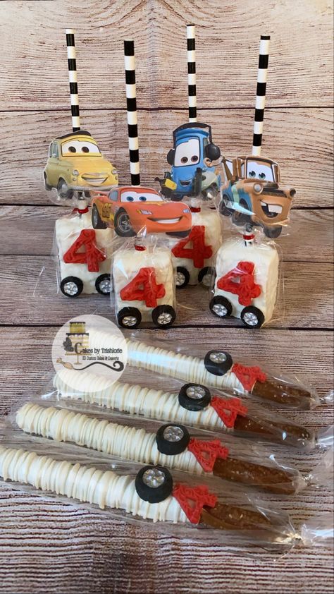 Cars Pretzel Rods, Cars Theme Rice Krispies, Cars Theme Treats Party Ideas, Cars Birthday Smash Cake, Cars Theme Birthday Party Food Snacks Ideas, Disney Cars Rice Krispie Treats, Cars Party Treats, Cars Rice Krispy Treats, Race Car Birthday Party Treats