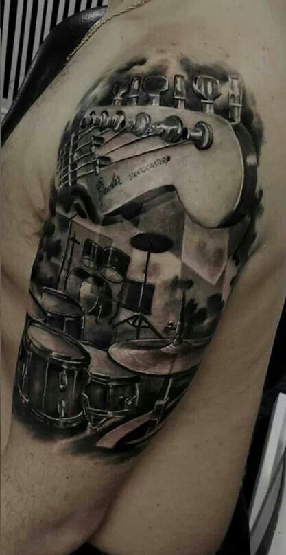 Drum Tattoos For Men, Welding Tattoo, Drum Tattoo, Guitar Tattoo, Men Tattoos, Guitar Lovers, Music Tattoo, Tattoo Art Drawings, Cover Up Tattoo