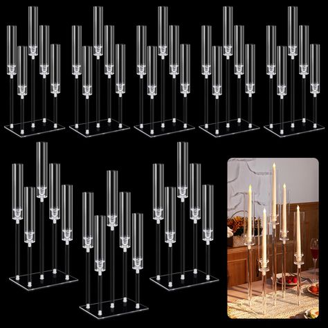 PRICES MAY VARY. Package Include: you will receive 8 sets of clear 5 arm acrylic candlestick decorations with lampshades; Candlestick heights are 10.2", 14.2" and 18" (including base), fits electric candles with a diameter of 0.87", bases are about 7.87 x 11.02 inches/ 20 x 28 cm, The height of each cylindrical lampshade is 9.8 inches; Please note that use electric candles, the set does not include candles, you need to assemble the product by yourself Quality Material: this candle holder centerp Black Party Table Decor, Black And Purple Party Decorations, Candle Centerpieces Wedding Long Table, Black Tie Event Decorations, Gold Candle Holder Centerpieces, Acrylic Candle Holder, Candelabra Centerpieces, Crystal Centerpieces Wedding, Cocktail Table Decor