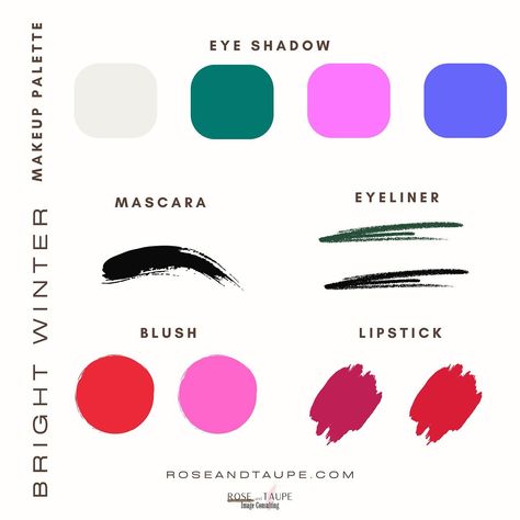 Bright Winter Makeup Palette. #coloranalysis #colorconsultation #seasonalcolor #coloranalyst #seasonalcoloranalysis #colorconsultant #softsummer #coolsummer #truesummer #truewinter #coolwinter #lightsummer #brightwinter #deepwinter #deepautumn #trueautumn #warmautumn #softautumn#truespring #warmspring #brightspring #lightspring #beauty #makeup #makeuppalette #brightwintermakeup Winter Makeup Palette, Bright Winter Makeup, True Cool Winter, Makeup Color Palette, True Spring Makeup, True Winter Makeup, Digital Makeup, Seasonal Makeup, Spring Color Palette