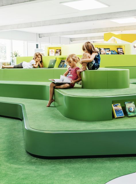 Cool Library Design, Childrens Library Design, Kids Library Design, Children Library Design, Library Furniture Design, Playful Interior, Children Library, School Library Design, Future Library