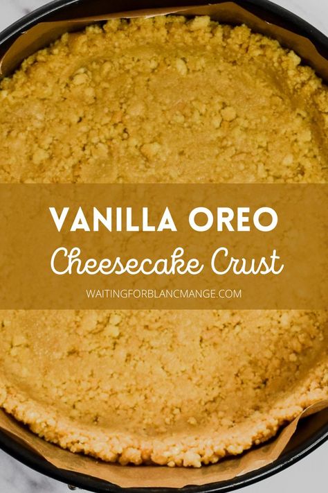 Golden Oreo crust in a lined springform cake pan. Vanilla Oreo Cheesecake, Oreo Cheesecake Crust, Cookie Crumb Crust Recipe, Cheesecake Factory Cakes, Golden Oreo Recipes, Cookie Pie Crust Recipe, Cookie Crust Cheesecake, Cheesecake Crust Recipe, Oreo Crust Recipe